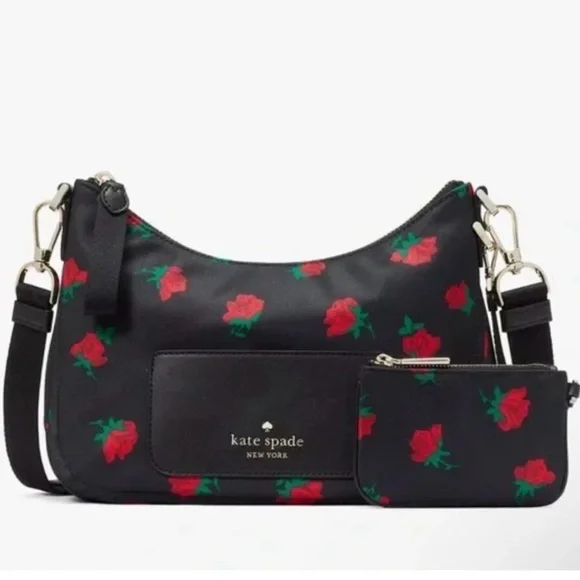 kate spade Black Floral Shoulder Bag with Red Rose Print and Pouch - Picture 2 of 8